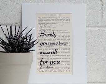 Jane Austen Vintage Literary Print - Antique Book Print - Romantic Wall Art - Jane Austen Pride and Prejudice Quote - Quirky Wall Art