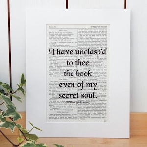 William Shakespeare Antique Book Page Quote Print, Twelfth Night Quote, Literary Decor, Literary Gift, Book Lover Gift, Shakespeare Lover
