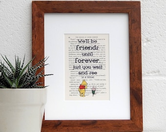 Vintage Book Print, Winnie the Pooh Quote, A A Milne Literary Quote Art, Childrens Room Decor, Best Friend Gift, Pooh and Piglet Print
