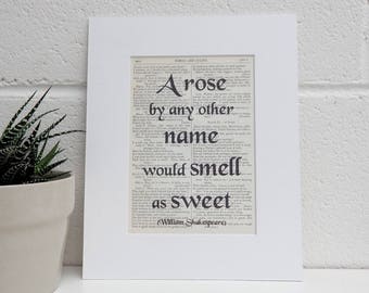 Shakespeare Book Quote Print, Romeo and Juliet, Literary Decor, Romantic Valentine Print, Book Lover Gift, Literary Print, Rose Quote