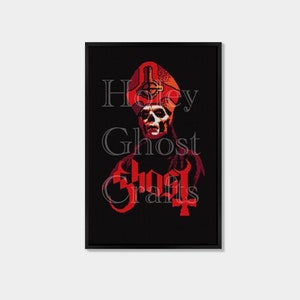 May include: Framed artwork depicting a skeletal figure in a bishop's hat, rendered in red and orange, with the word "Ghost" in red gothic lettering. The background is black.