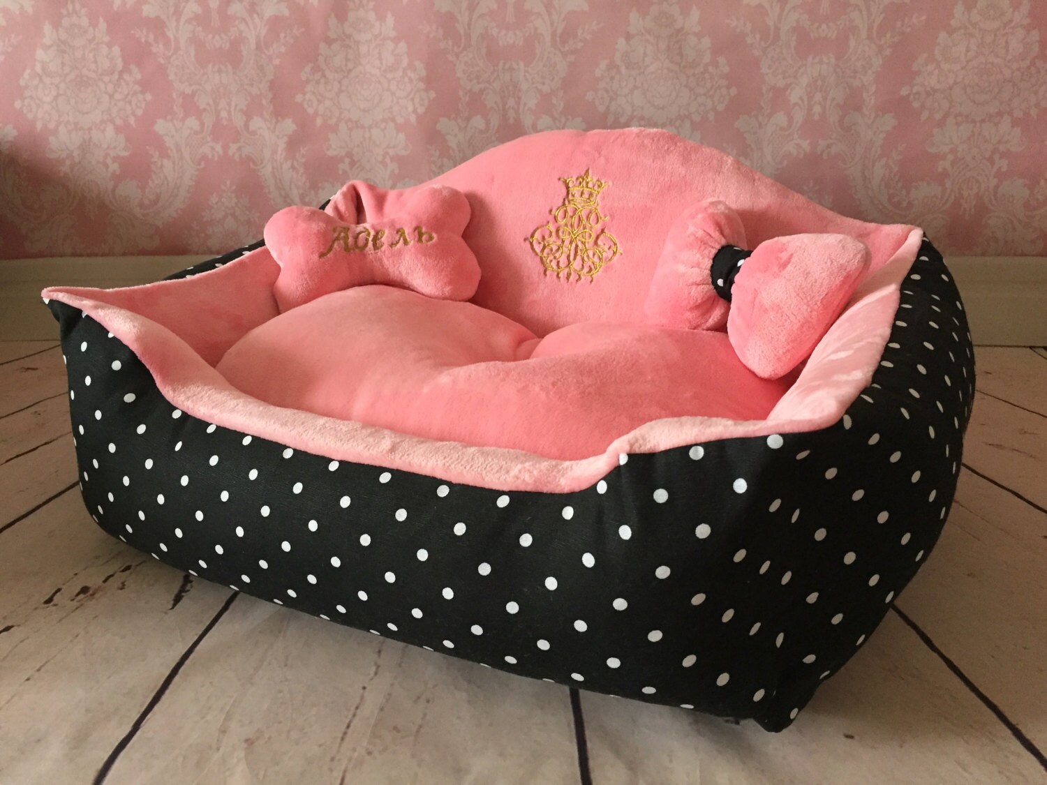 Pink and black polka dot designer dog bed Princess dog bed Etsy
