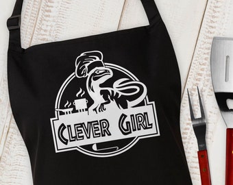 Clever girl velociraptor kitchen apron - nerd gift - geek gift - movie quote - funny nerdy bbq dinosaur