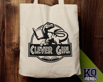 Clever girl velociraptor book nerd tote bag - nerd gift - geek gift - movie quote - book reading club reusable sack