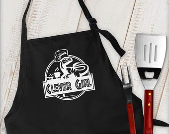 Clever girl velociraptor kitchen apron - nerd gift - geek gift - movie quote - funny nerdy bbq dinosaur