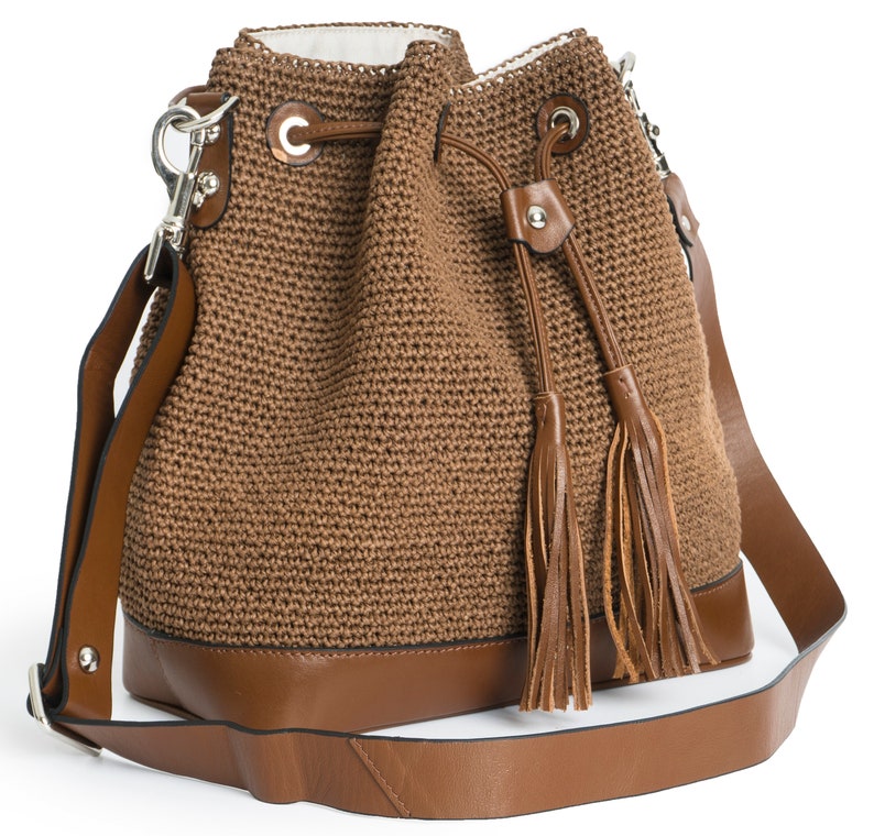 Crochet Raffia Bucket bag with tassel handwoven brown bucket Etsy