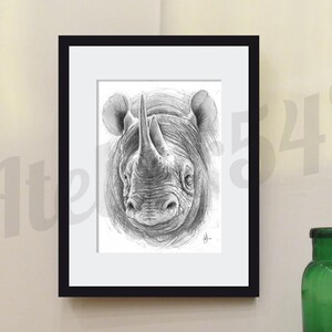 Nashorn-Bleistiftzeichnung auf Canson-Papier, Wanddekoration, Geschenkidee zum Vatertag