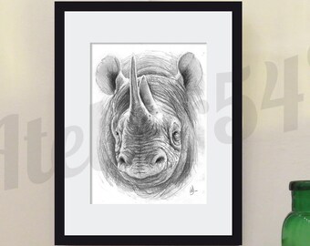 Rhinoceros drawing in pencil on Canson paper, a great birthday gift idea!