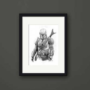 Drawing The Mandalorian/ Star Wars/ Art print/ Black and white pencil drawing on Canson 300 gr/ Gift idea for Father&#39;s Day