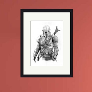 Zeichnung The Mandalorian/ Star Wars/ Weihnachtsgeschenk/ Schwarz-Weiß-Bleistiftzeichnung