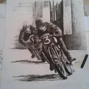 Original Charcoal Drawing, Isle of Man Motorcycle Race, Valentine&#39;s Day Gift