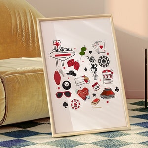 Retro 90's Las Vegas Inspired Collage 8 ball girly wall art for dorm minimal wall art unique vegas 1990's wall print dice martini casino