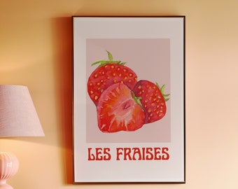 Minimales Aquarell Französisches Poster-Ästhetische Girly Minimalistische Kunst-Preppy Rosa Poster-Erdbeere Süß Girly Poster Fraises Wand Kunst Obst