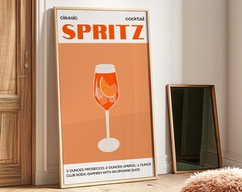 Plakat z koktajlem Aperol Spritz – estetyczna dziewczęca sztuka minimalistyczna – styl preppy – przepis na Spritz, uroczy dziewczęcy plakat ścienny, sztuka barowa, włoski styl retro