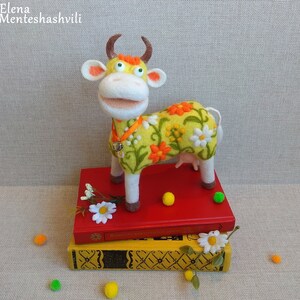 Funny Cow, Needle felted animal with flowers for cow lovers, Collectible Art doll