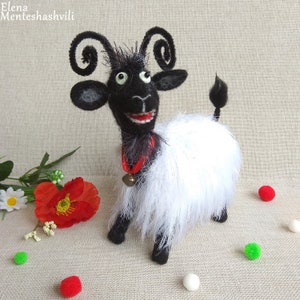 Funny goat with horns, Needle felted animal toy with fluffy fur, Gift for goat lovers, Collectible animal art doll