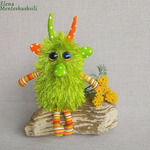 Green forest furry monster, Friendly plush monster toy , Cute worry stuffed animals monsters, Colorful summer decor for shelf