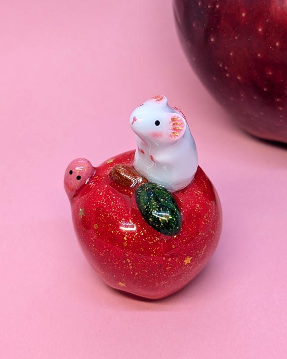 Tiny Mouse on Apple Figurine, Handmade Clay Mouse Sculpture, Cute Whimsical Animal Decor, Red Apple Miniature, Mouse Lover Gift