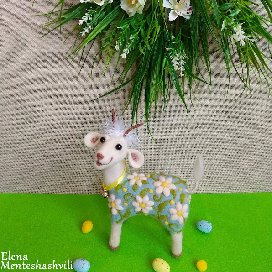 Needle Felted Funny Goat Figurine Crazy Goat Lady Blue Goat Etsy