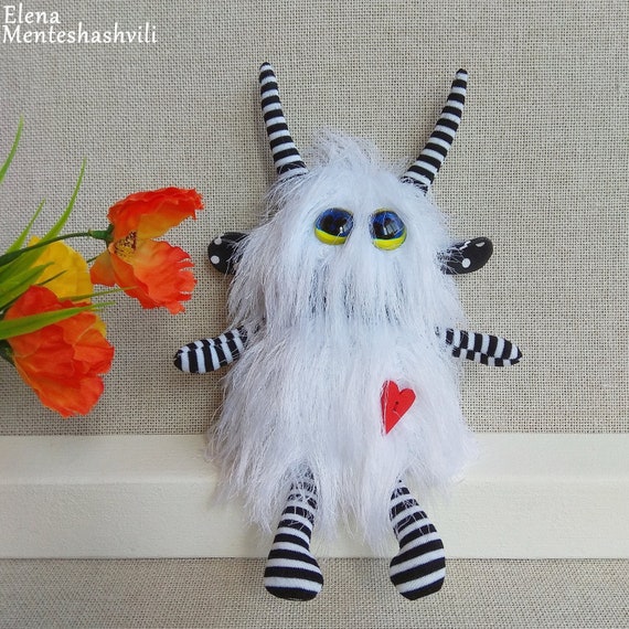 Black White Furry Monster, Anxiety Relief Toy, Friendly Plush