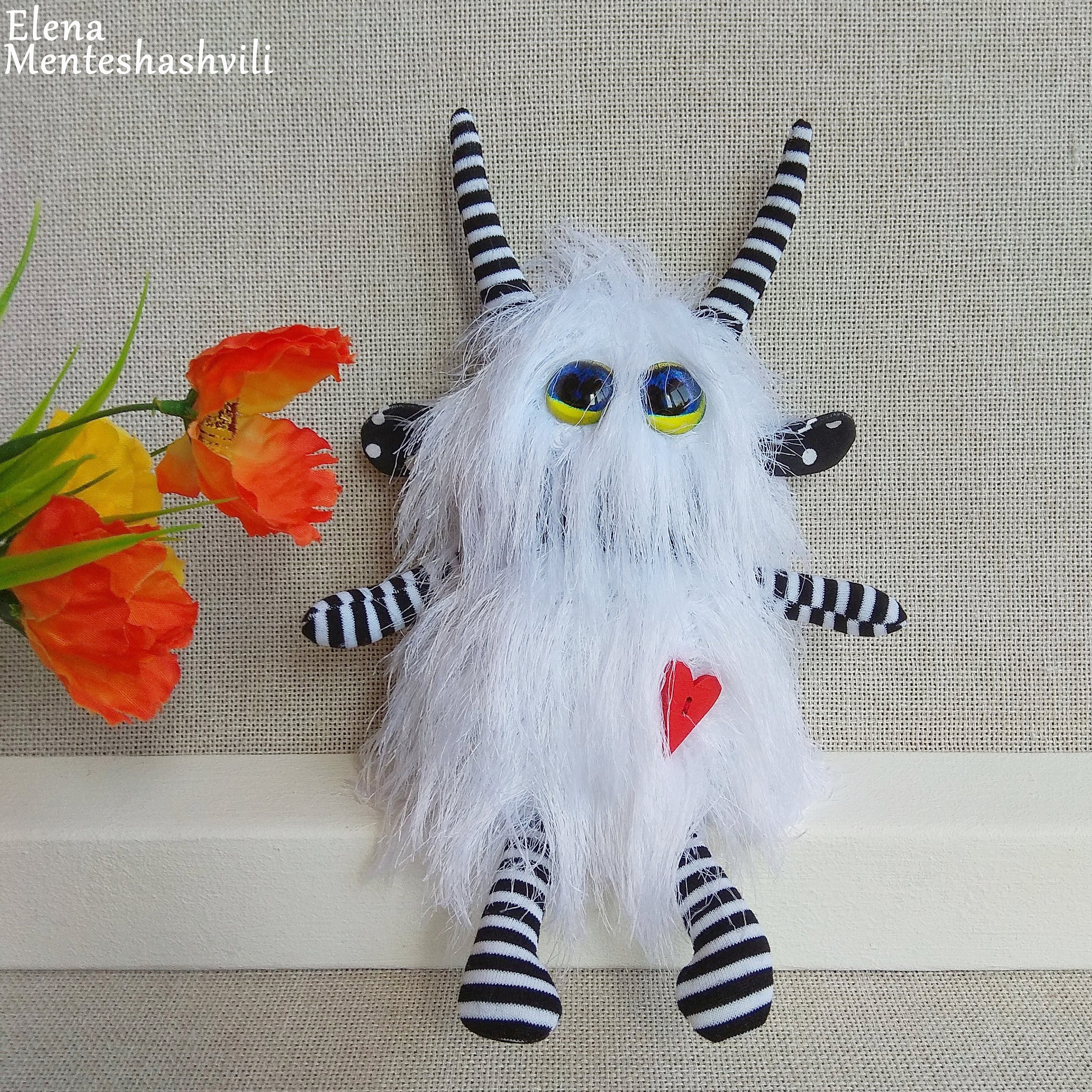 Black White Furry Monster, Anxiety Relief Toy, Friendly Plush