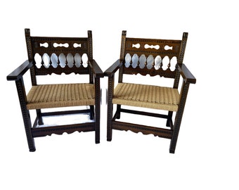 Mid Century Spanish Carved Wood Arm Chairs with Jute Seats - 2 available