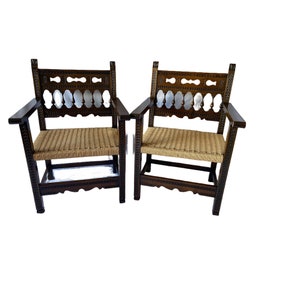 Mid Century Spanish Carved Wood Arm Chairs with Jute Seats