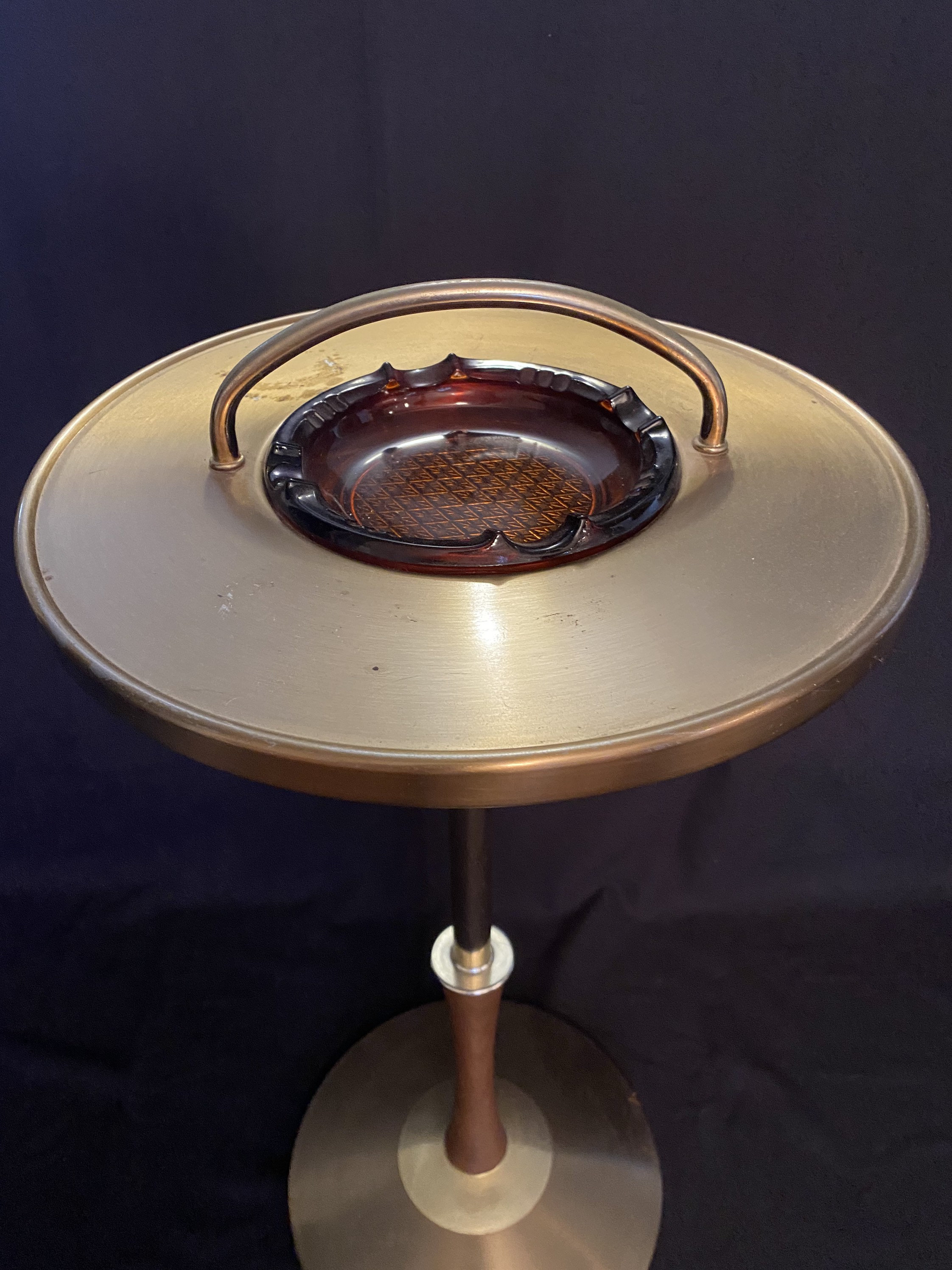 MCM Standing Ashtray, Teak Brass Amber Glass, Vintage Ashtray, Mid