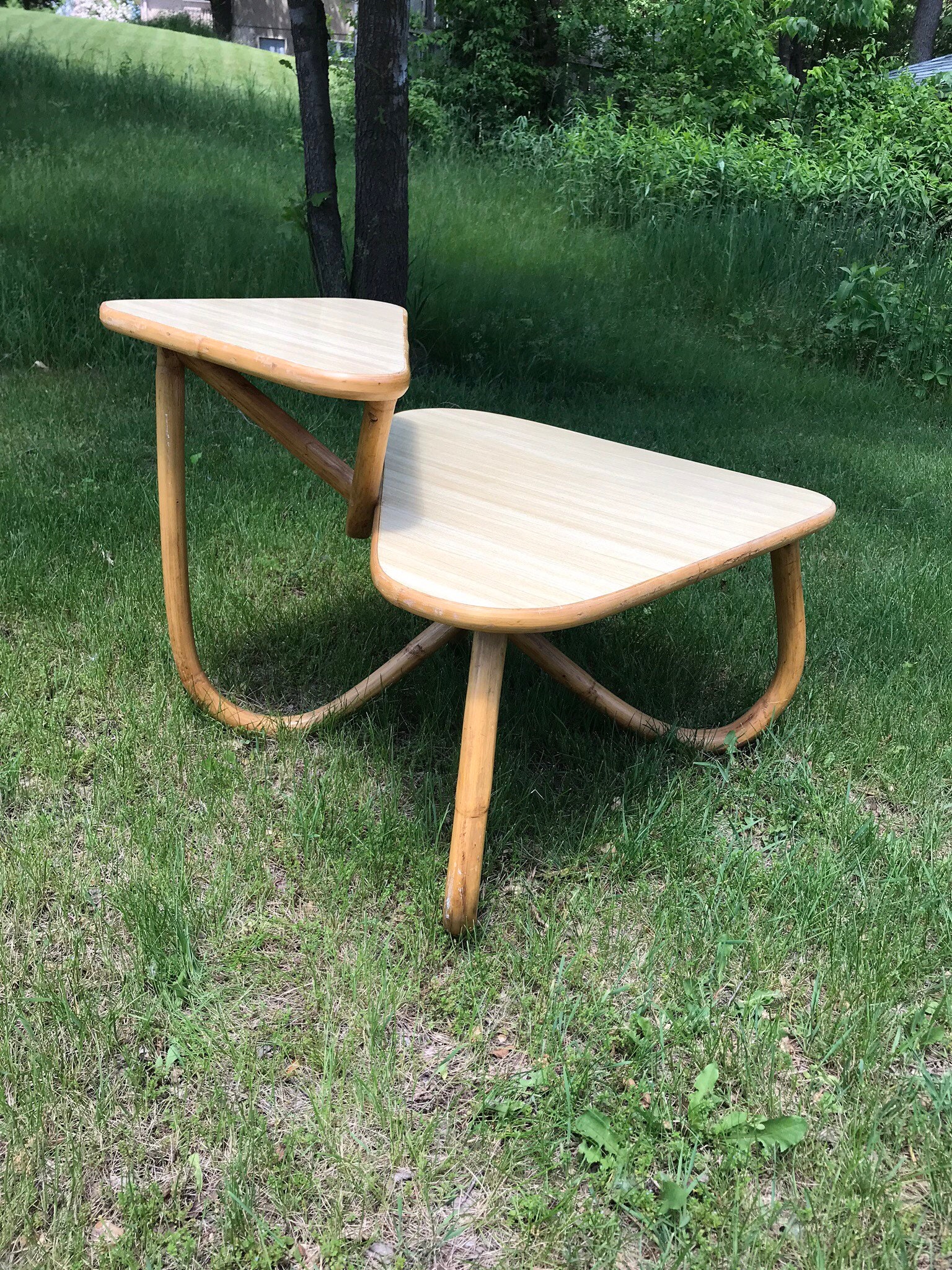 Triangle Rattan End Table Mid Century Bi Level Triangle Rattan Bentwood Table Paul Frankl - Etsy