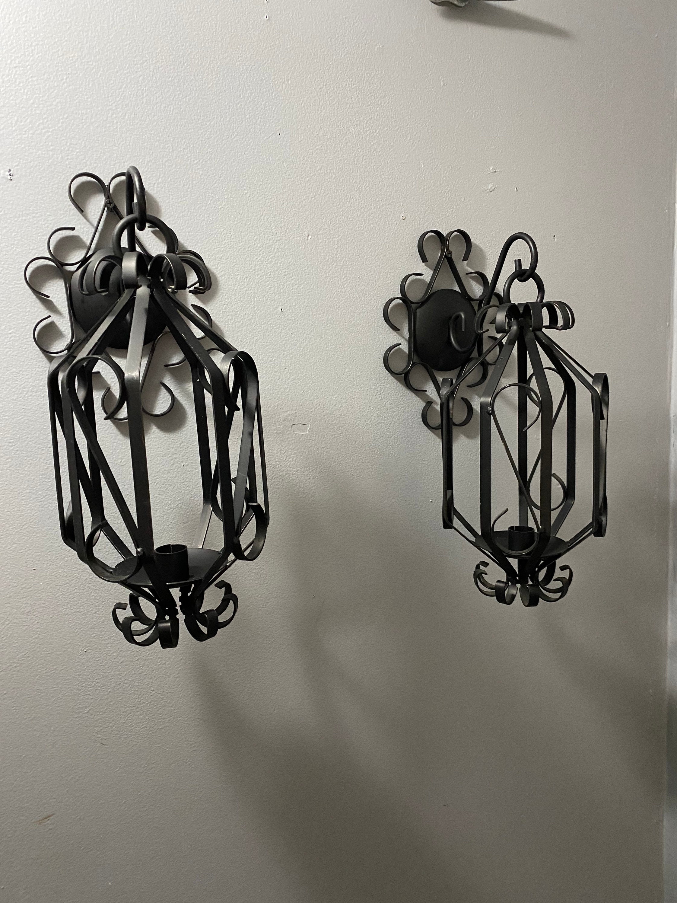 Vintage MCM Gothic Black Wrought Iron Hanging Candle Holder Sconces