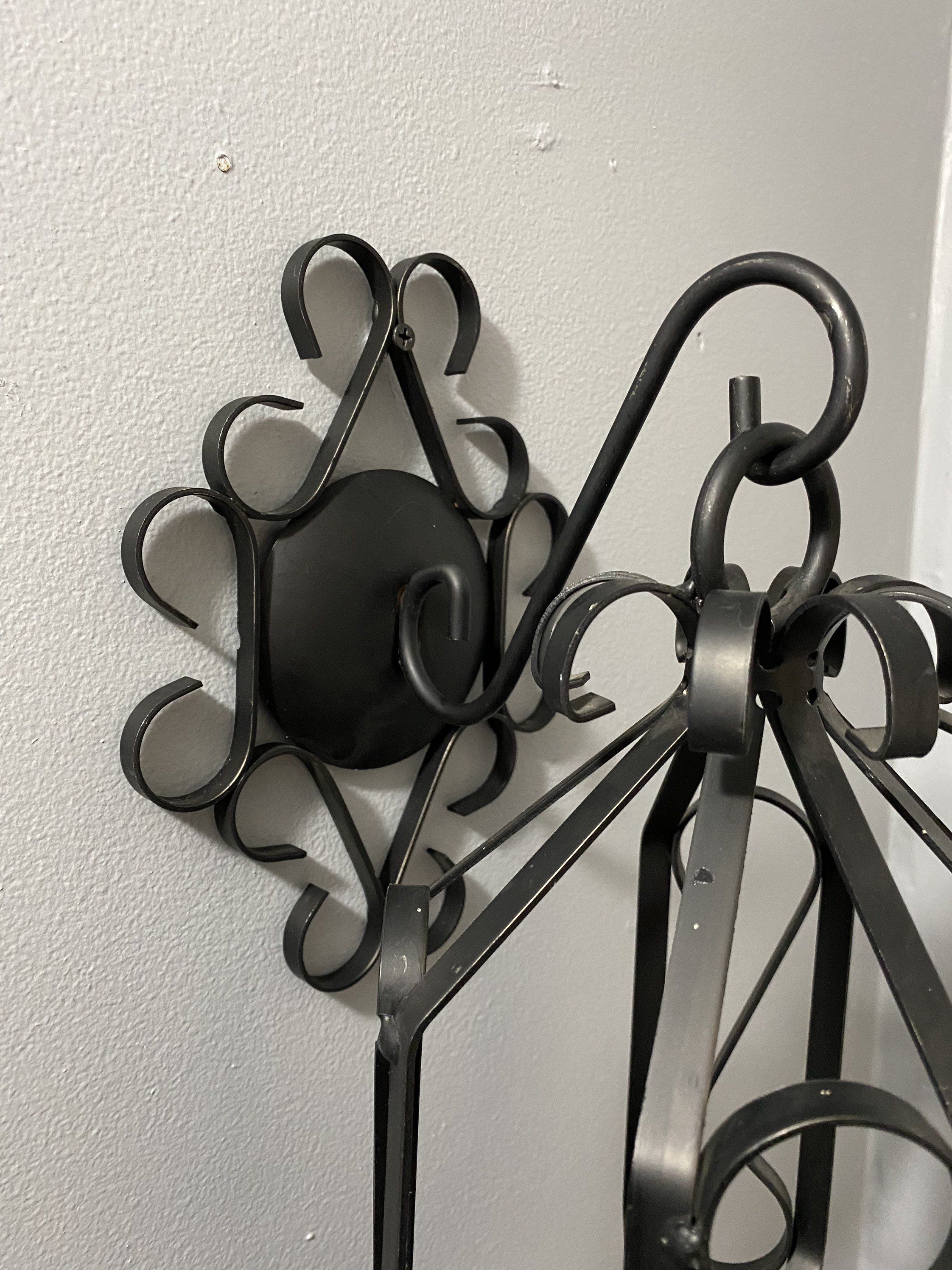 Vintage MCM Gothic Black Wrought Iron Hanging Candle Holder Sconces