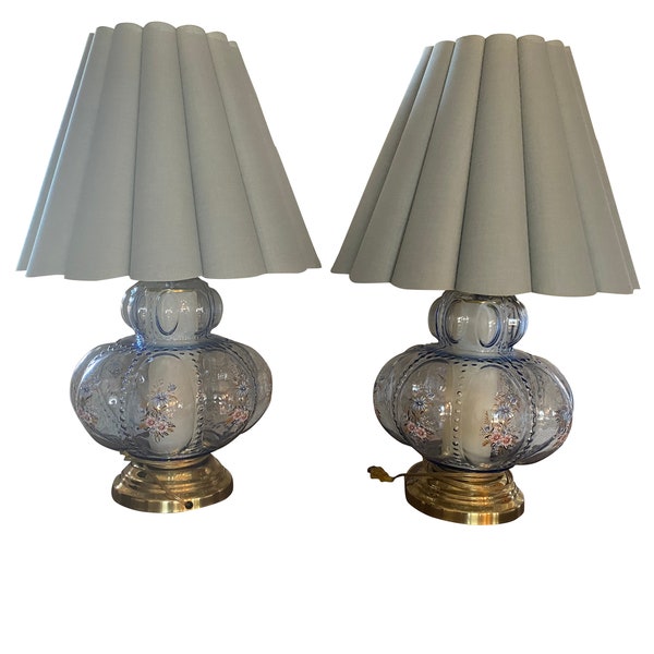 Hollywood Regency Carl Falkenstein Blue Bubble Lamps (2)/Clear Blue Floral Design/Vintage MCM Falkenstein Lamp/