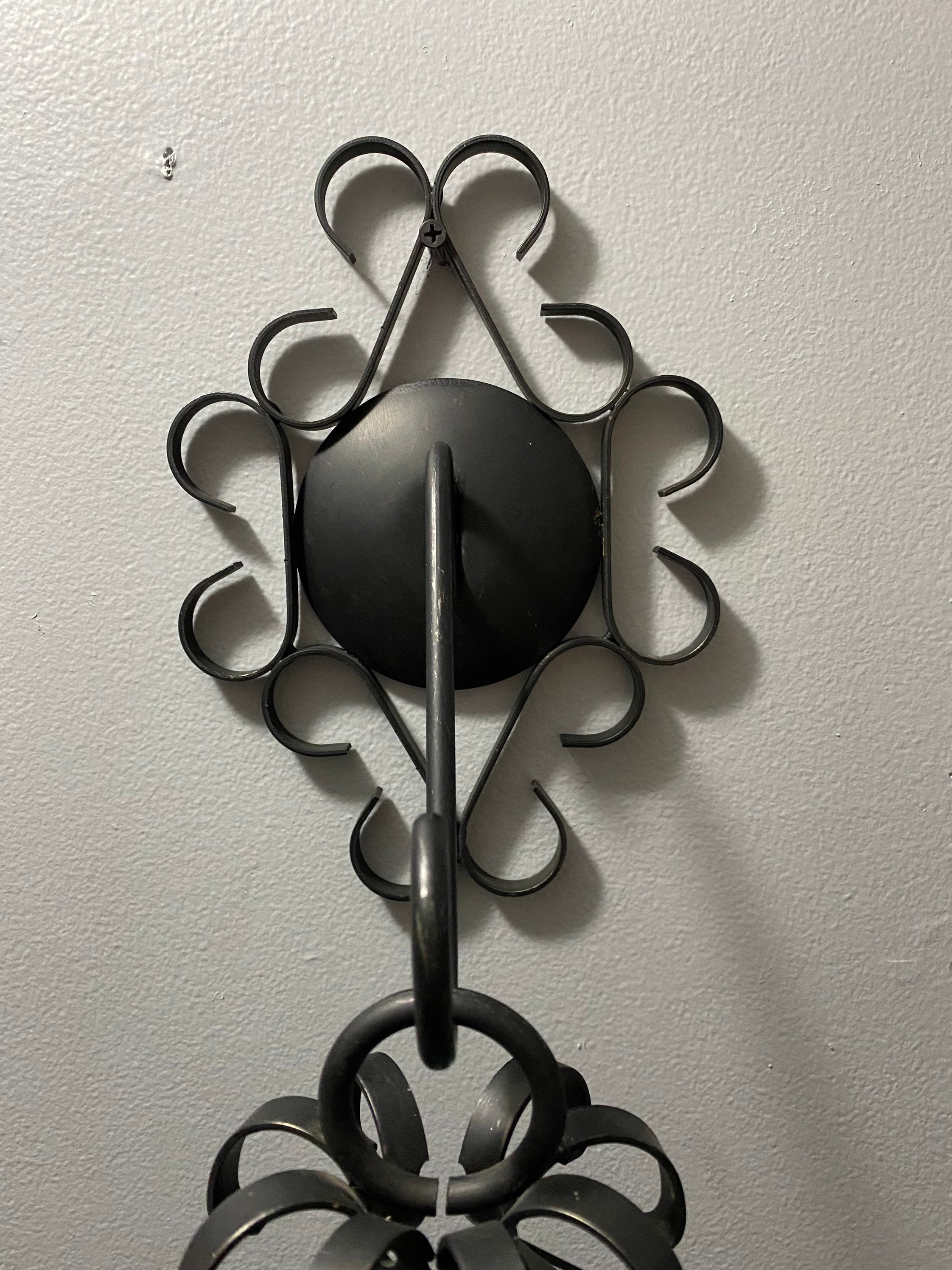 Vintage MCM Gothic Black Wrought Iron Hanging Candle Holder Sconces