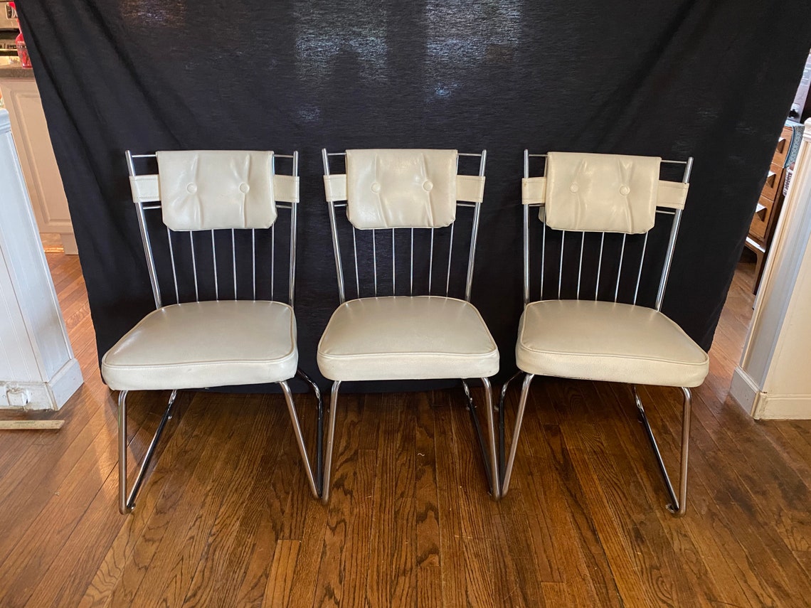 Vintage MCM White Vinyl and Chrome Kitchen Chairs Retro | Etsy