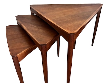 Dux MCM Triangle Teak Nesting Tables/ Mid Century Modern Teak Nesting End Tables/ Triangular Swedish Teak Tables