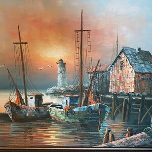 Vintage MCM Max Savy Oil Painting, MCM Harbor Scene, Oil Art