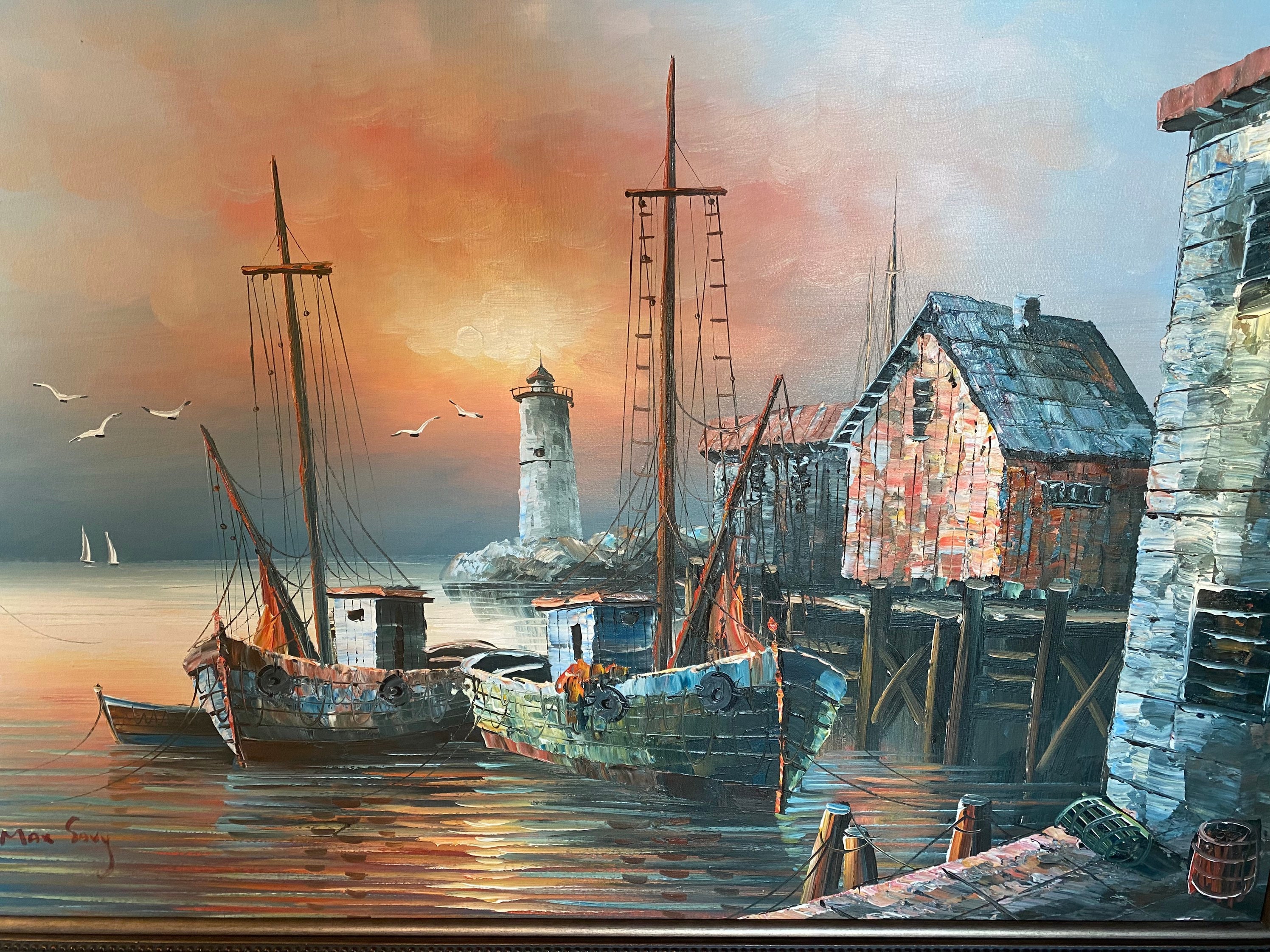 Vintage MCM Max Savy Oil Painting, MCM Harbor Scene, Oil Art