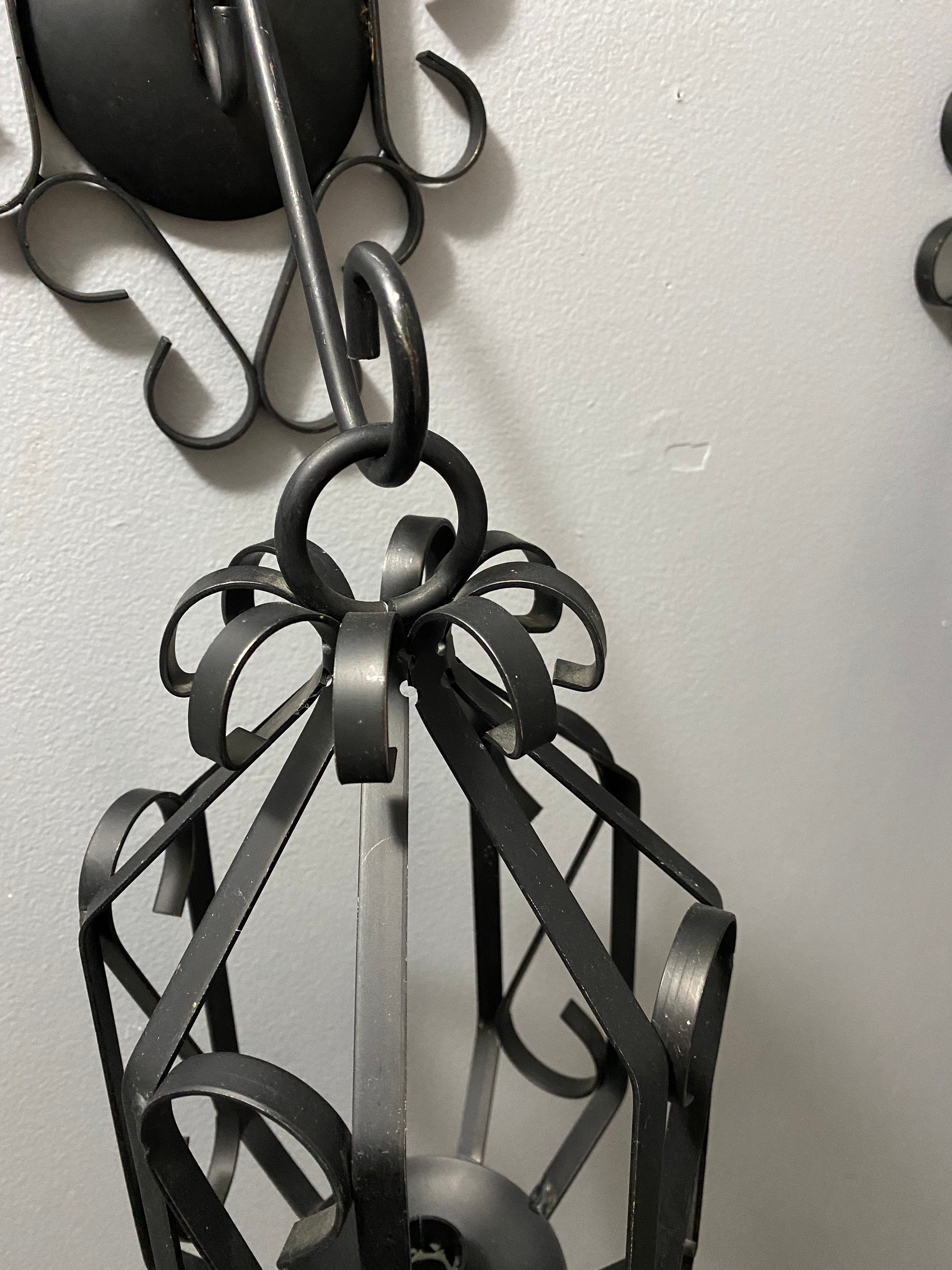Vintage MCM Gothic Black Wrought Iron Hanging Candle Holder Sconces
