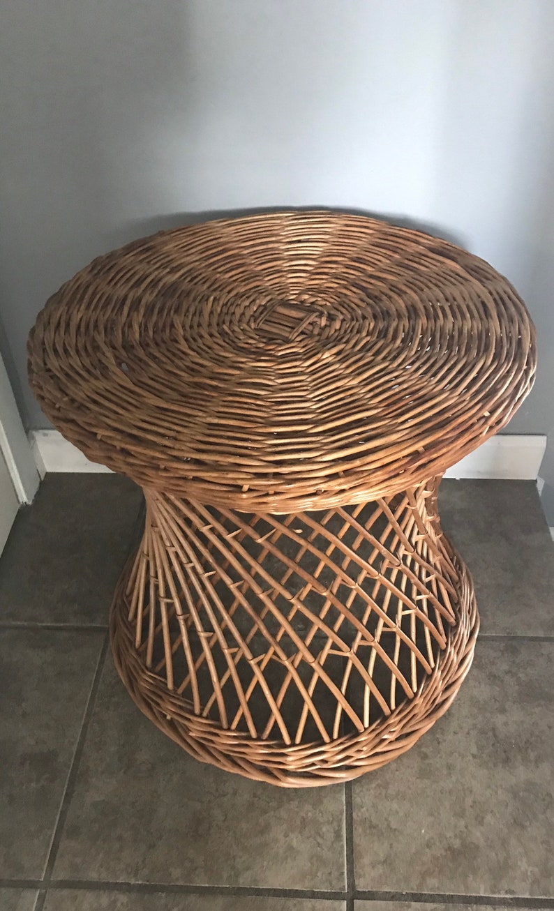 Was 109 00 Large Round Vintage Rattan Wicker End Table Side Table Bohemian Boho 1970s Franco Albini Style