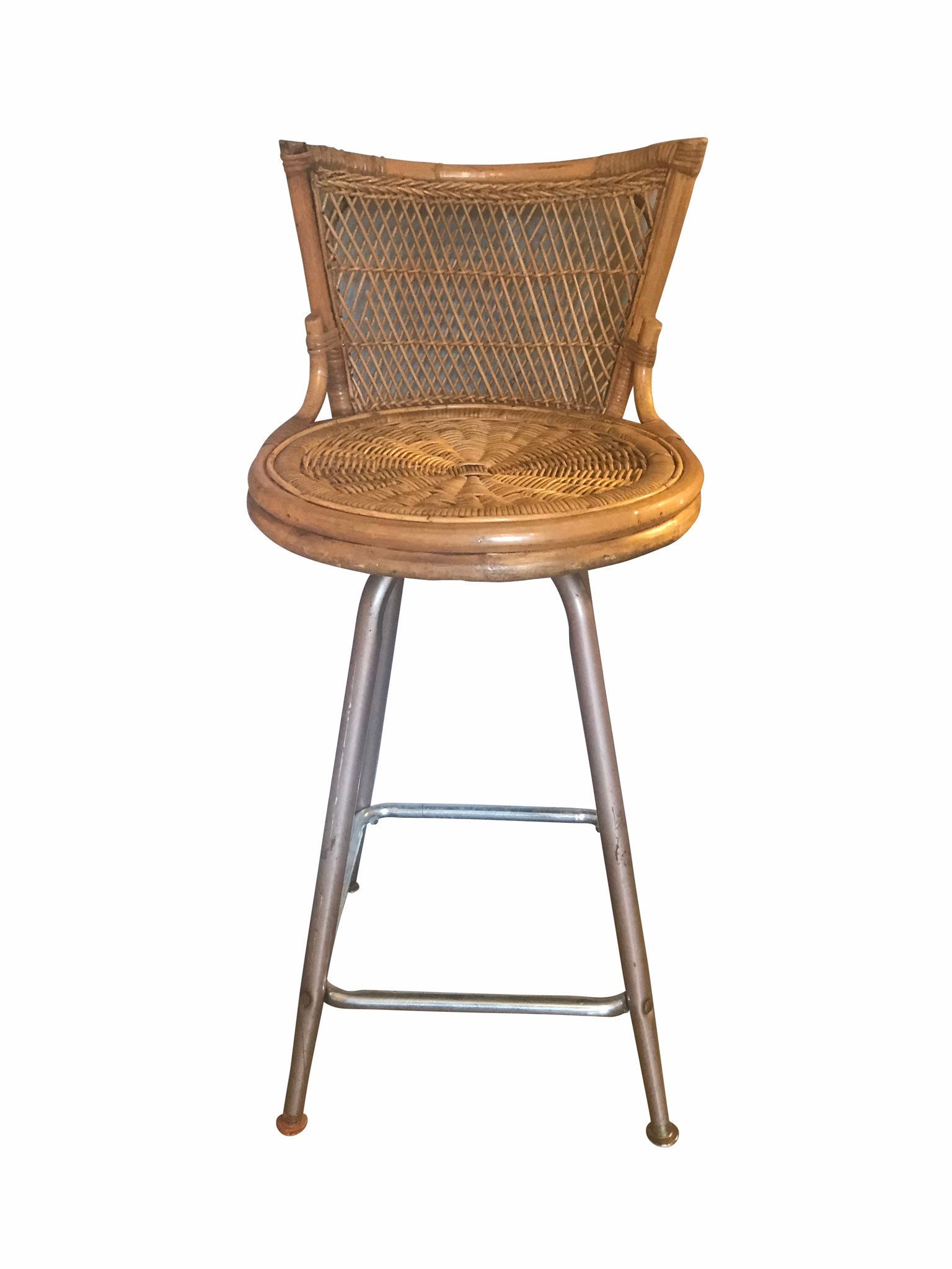 Vintage Bamboo Rattan Swivel Barstool Calif Asia Low Back Mid