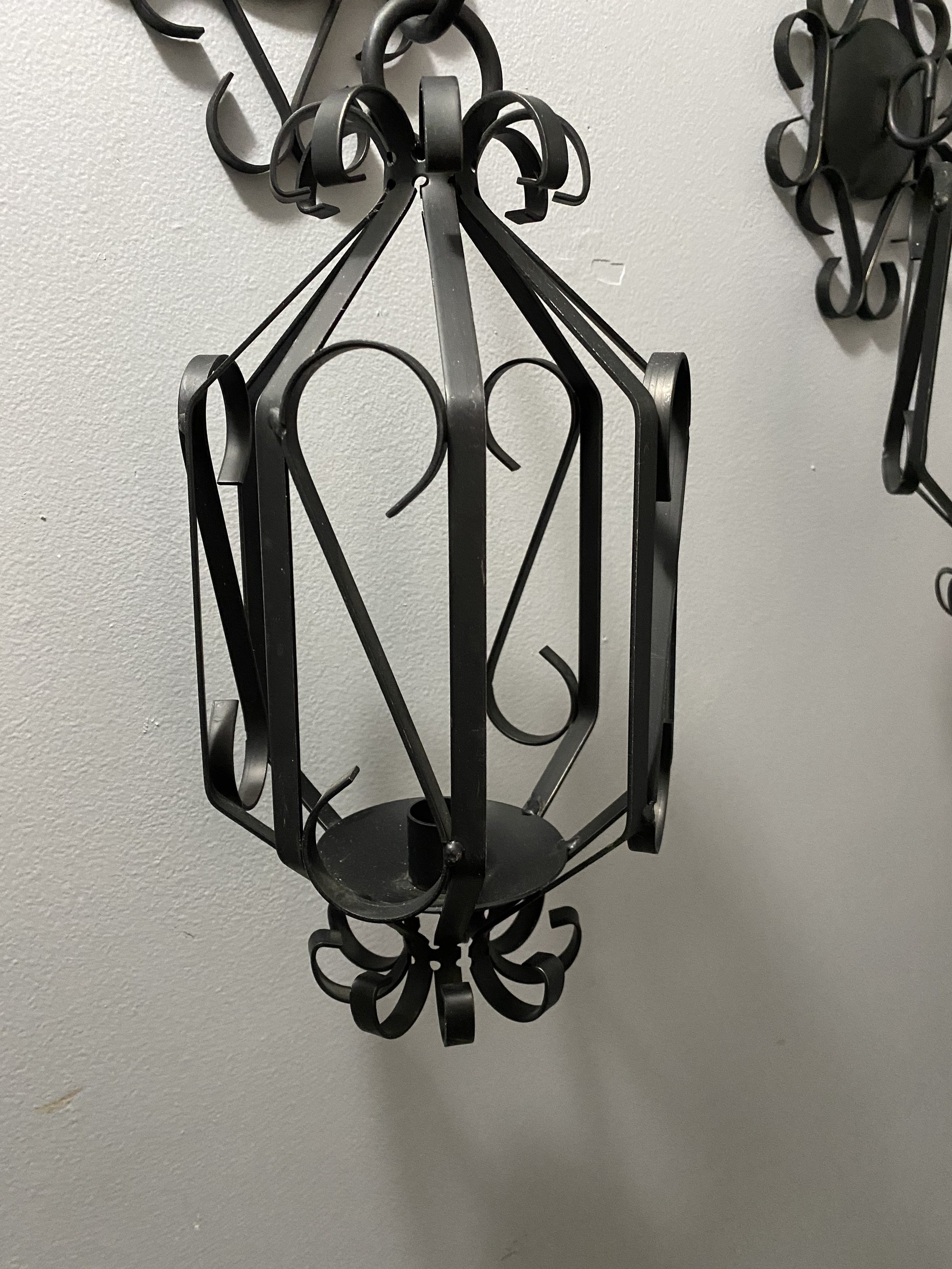 Vintage MCM Gothic Black Wrought Iron Hanging Candle Holder Sconces