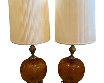 Hollywood Regency Amber Globe Murano Glass Table Lamps Set / Original Lampshades