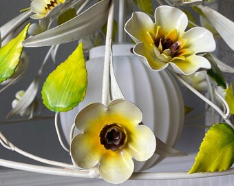 Vintage 1960s Tole Painted Floral Chandelier: Metal Hanging Light