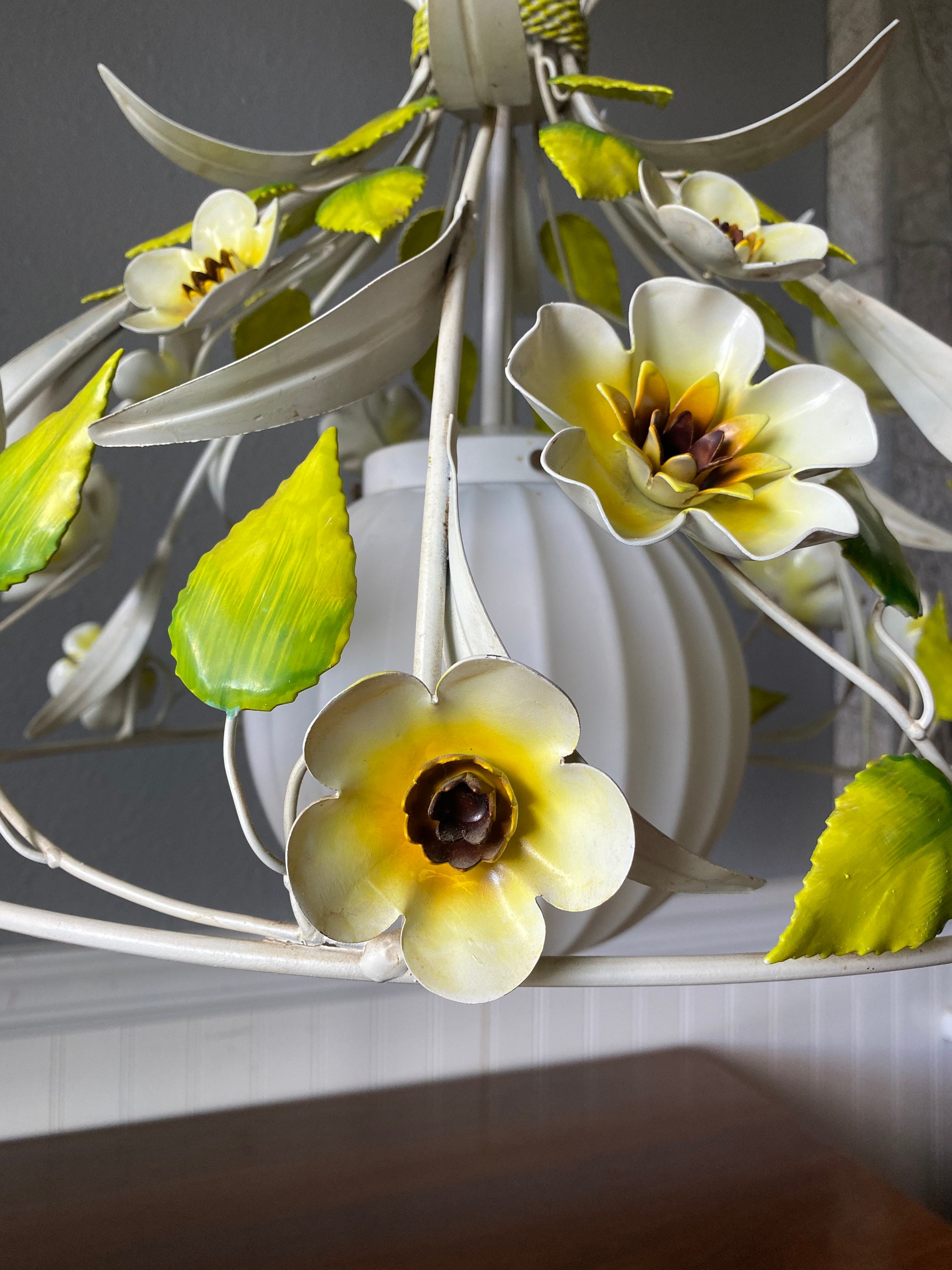 Vintage 1960s Tole Painted Floral Chandelier: Metal Hanging Light