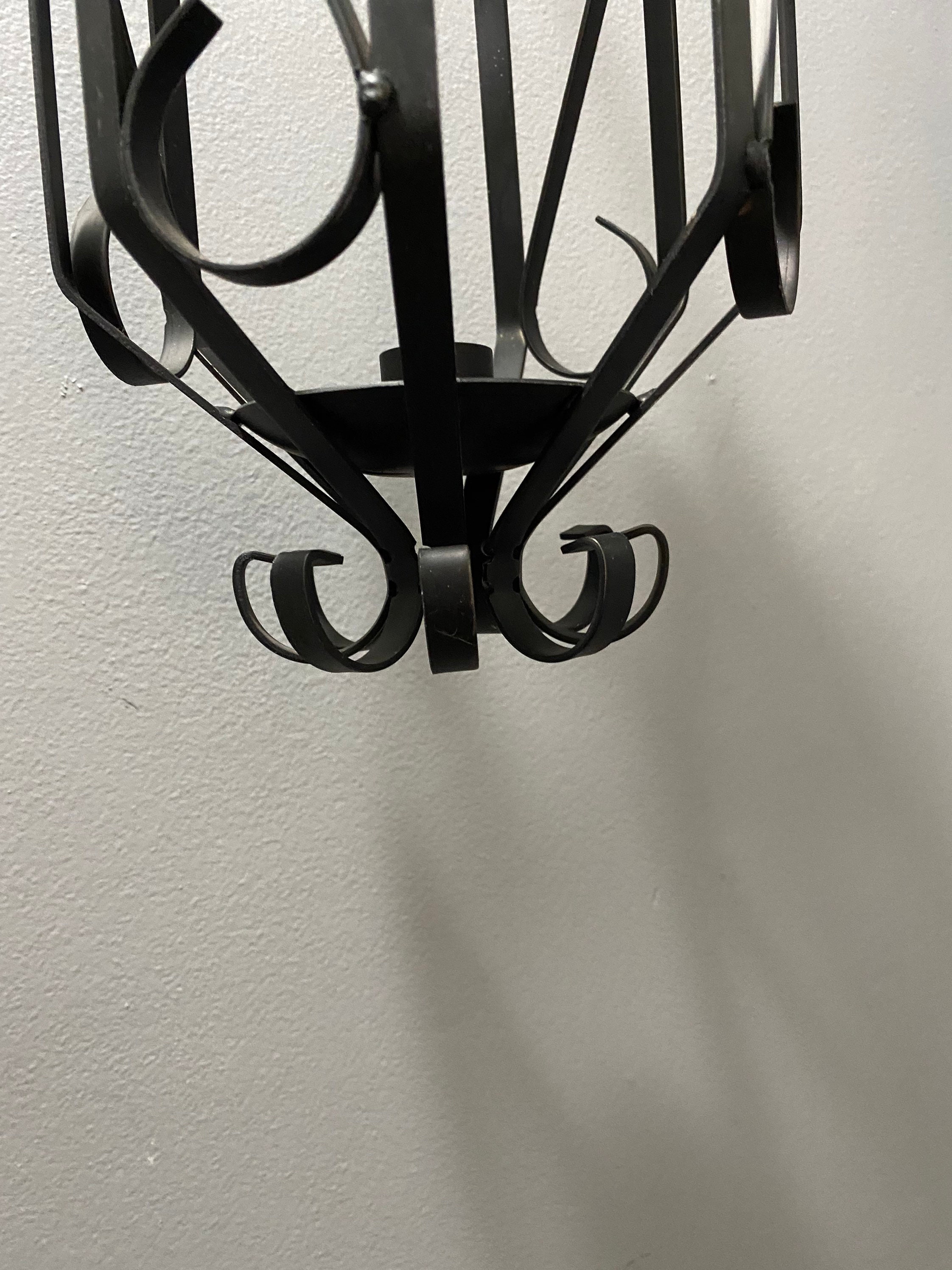 Vintage MCM Gothic Black Wrought Iron Hanging Candle Holder Sconces
