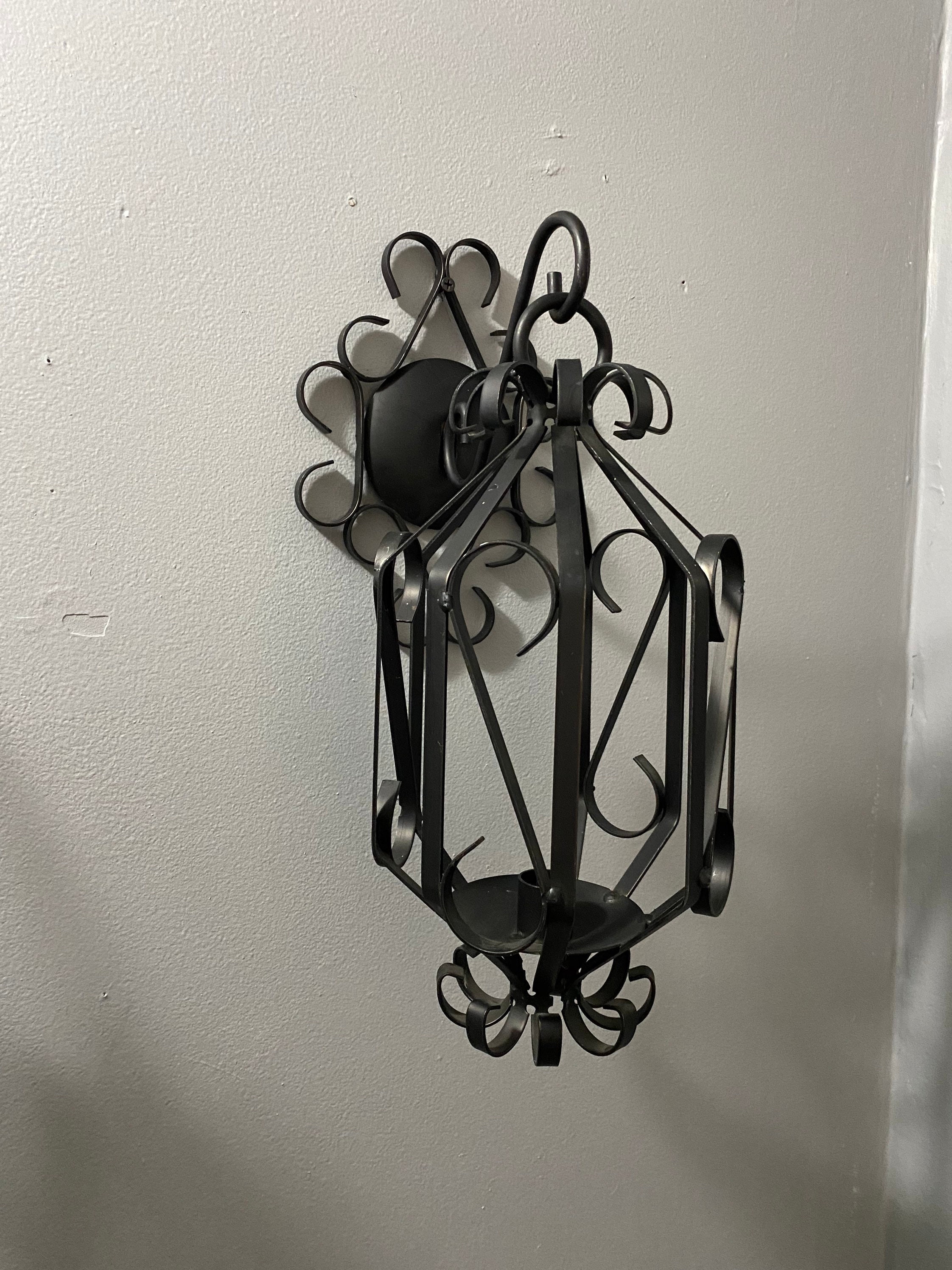 Vintage MCM Gothic Black Wrought Iron Hanging Candle Holder Sconces