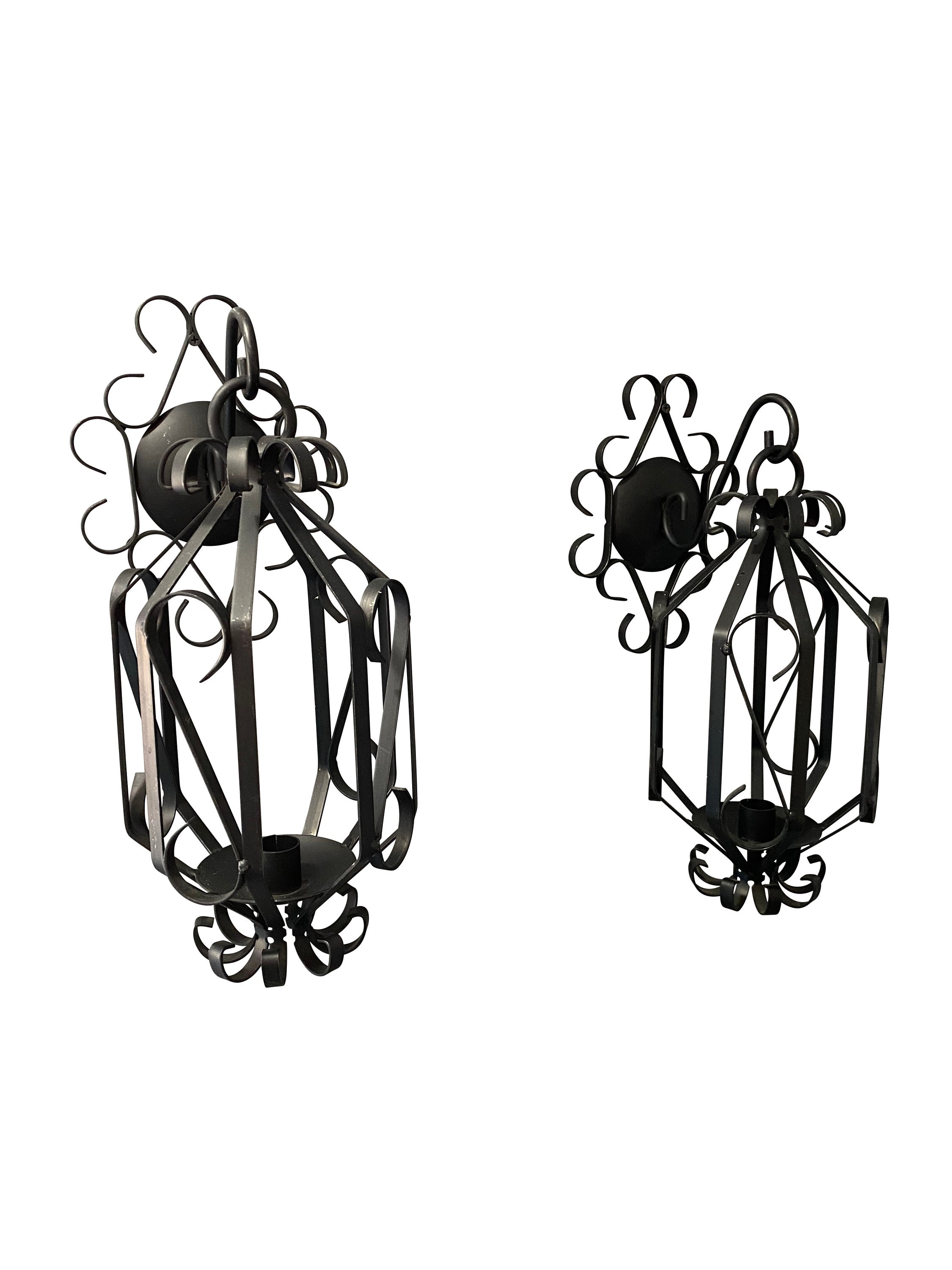 Vintage MCM Gothic Black Wrought Iron Hanging Candle Holder Sconces