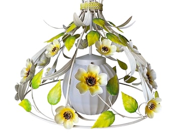 Vintage 1960s Tole Painted Floral Chandelier: Metal Hanging Light