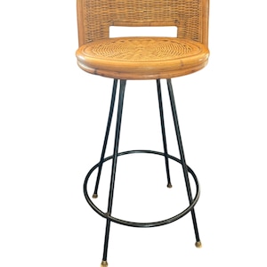 Vintage Danny Ho Fong Bar Stool – Mid-Century Rattan & Iron Swivel Chair