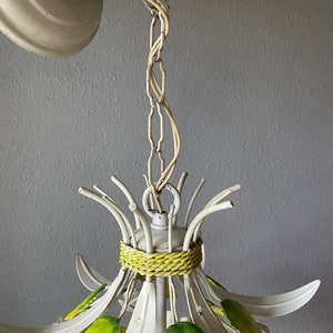 May include: White metal chandelier with green leaves and a woven band around the top. The chandelier is hanging from a chain.